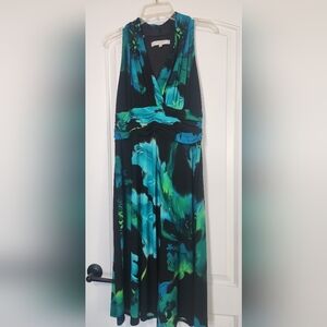 Evan Picone Vibrant Blue and Green Flowered Midi Dress